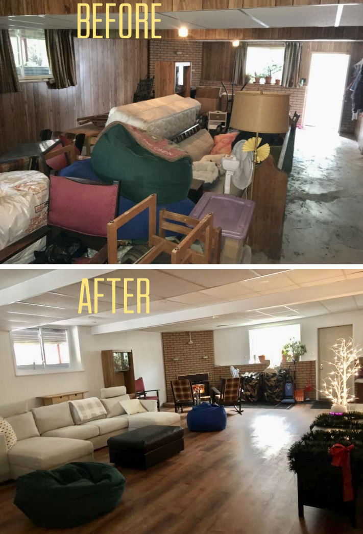 Comparison photo of basement before and after being organized