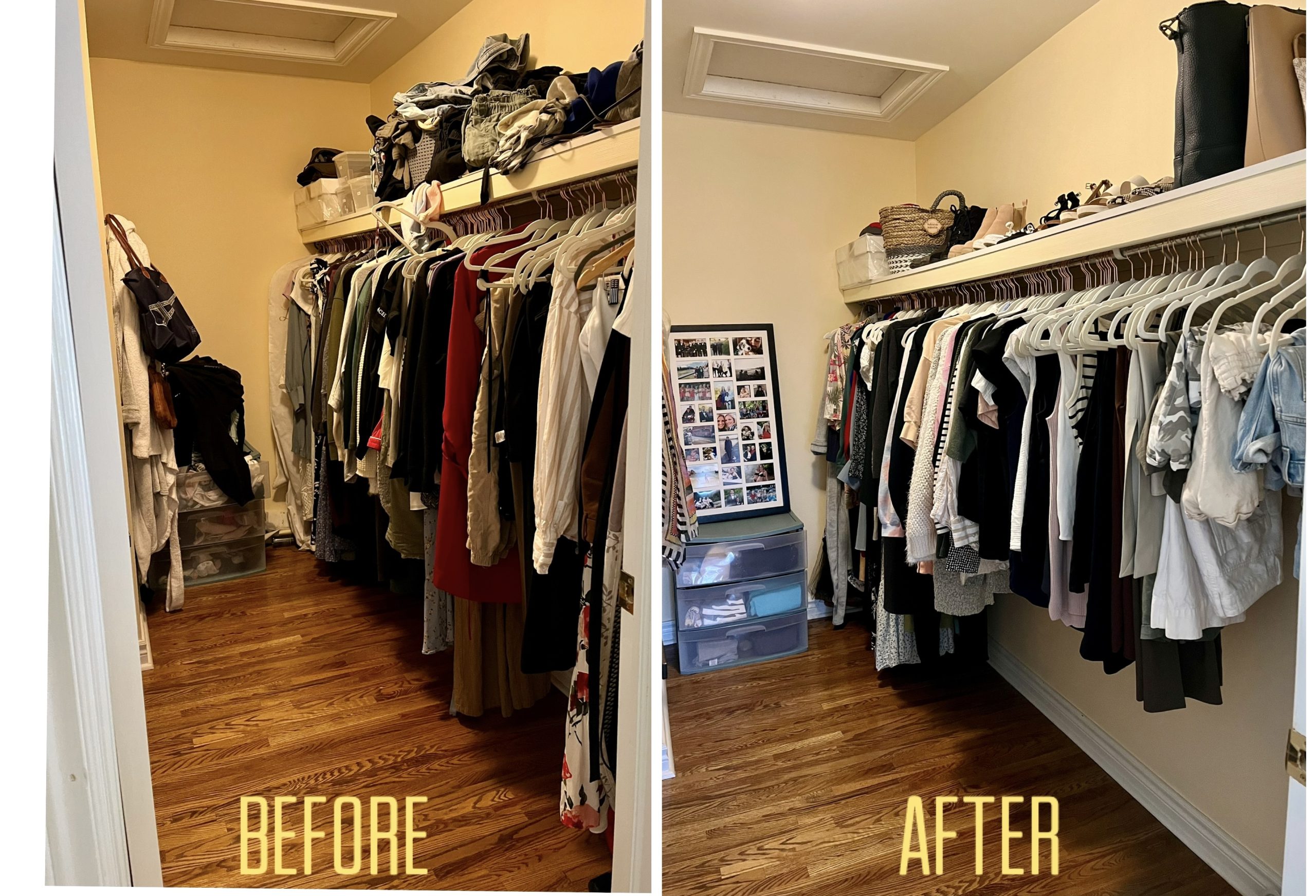 Transformation photos shared with permission, highlighting the shift from clutter to organized spaces through sustainable habits and growth.