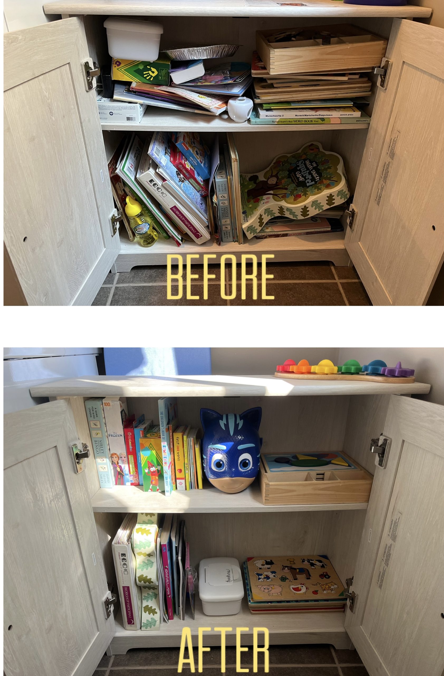 Photos of organized spaces shared by clients, demonstrating progress and sustainable systems for decluttering.