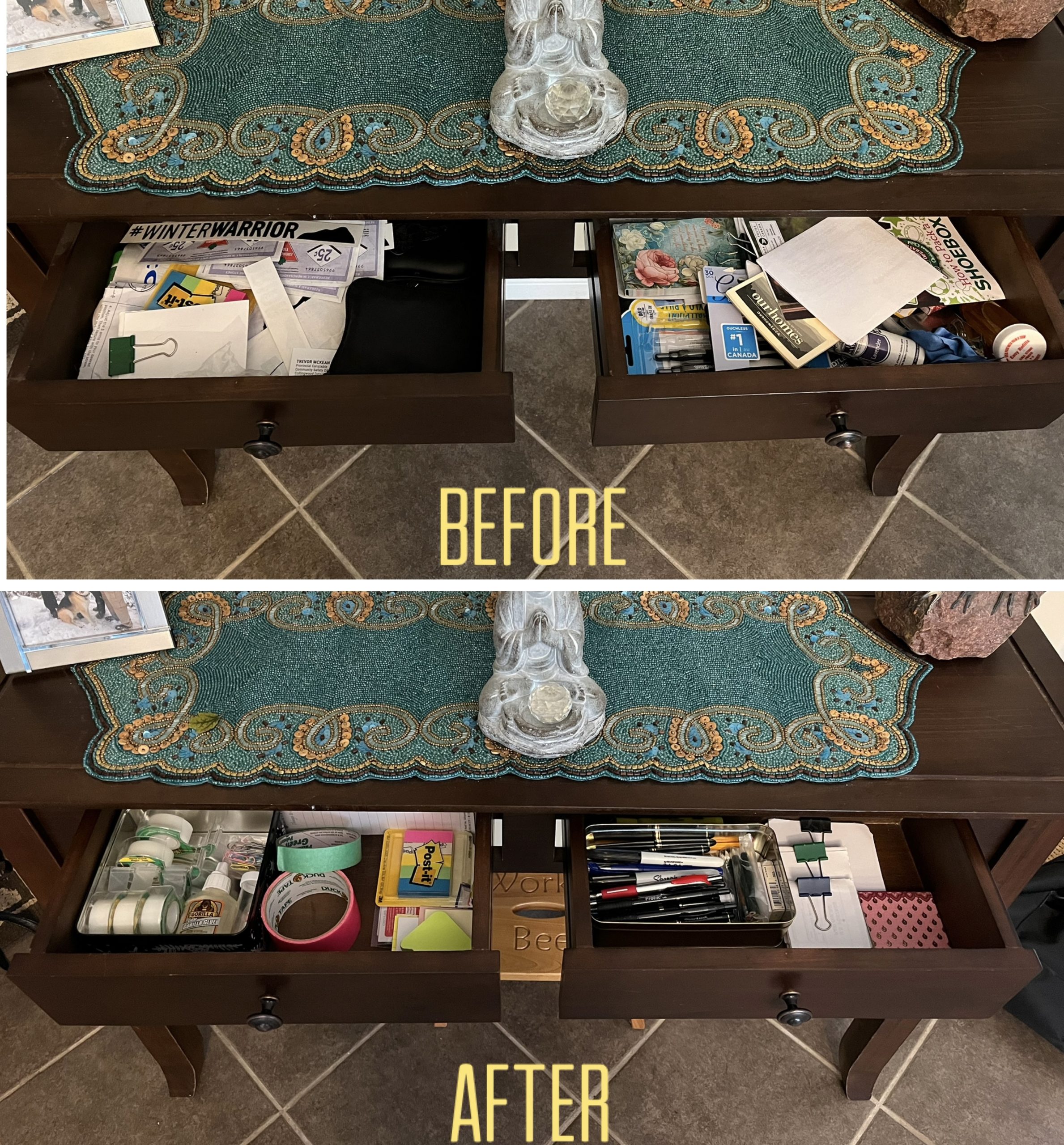 Before and after decluttering photos, focusing on the importance of systems for sustainable home organization.