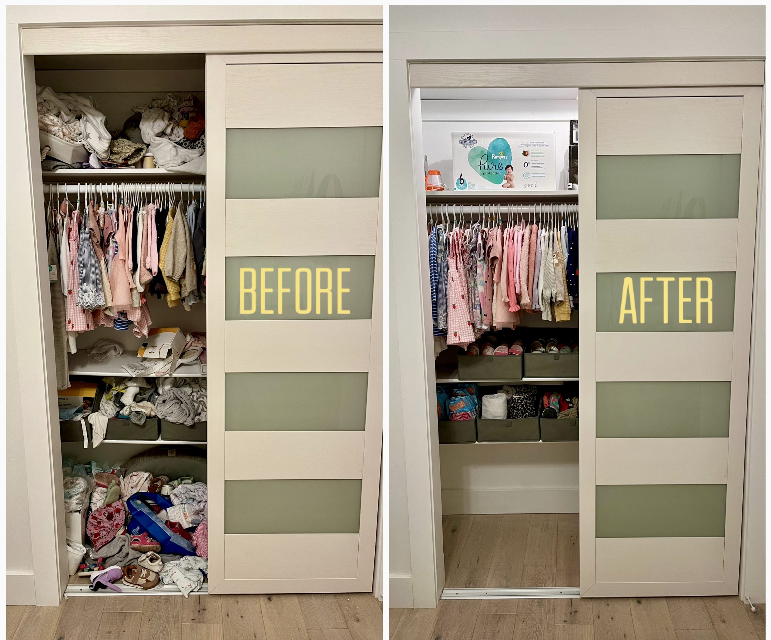 Before and after photos of organized spaces, focusing on progress over perfection in decluttering.