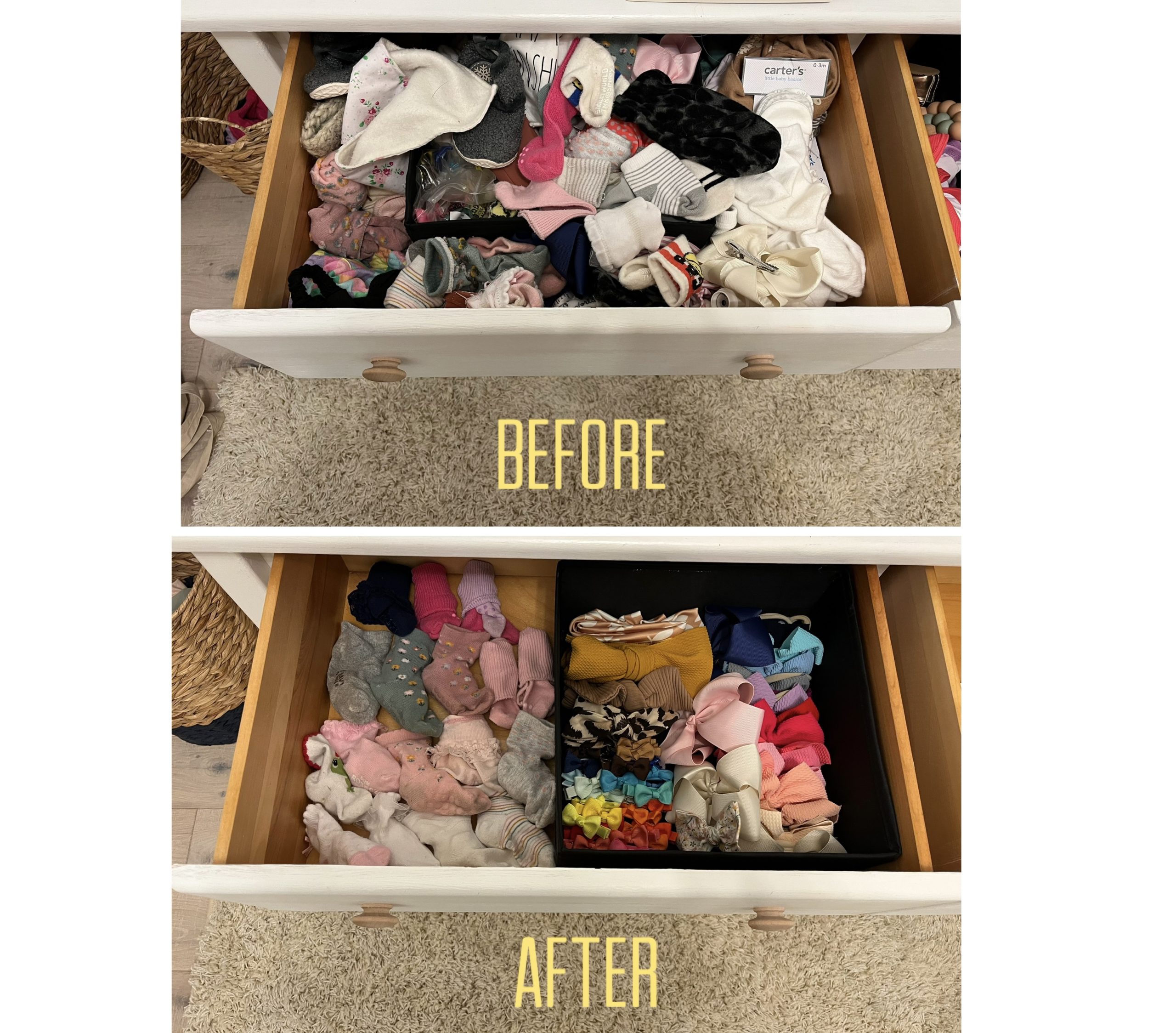 Client transformation photos showcasing decluttered spaces, emphasizing growth and sustainable organizing habits.